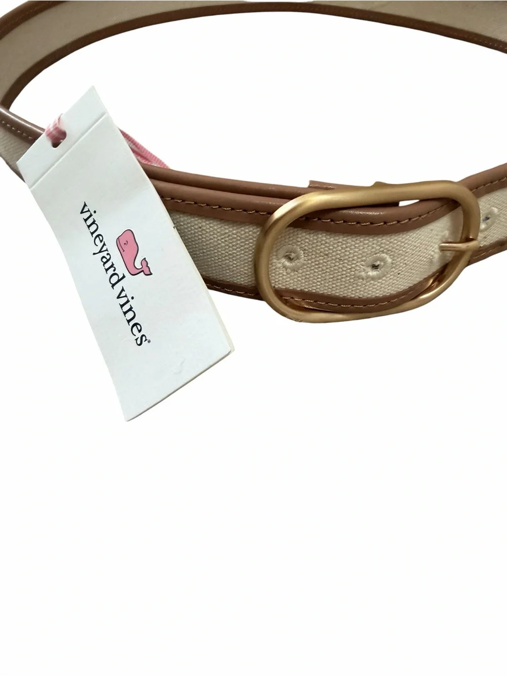 Vineyard Vines Cream Canvas Belt with Brown Trim and Gold Buckle